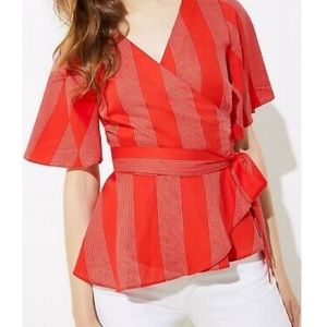 LOFT Red and White Peplum Hem Wrap Top S